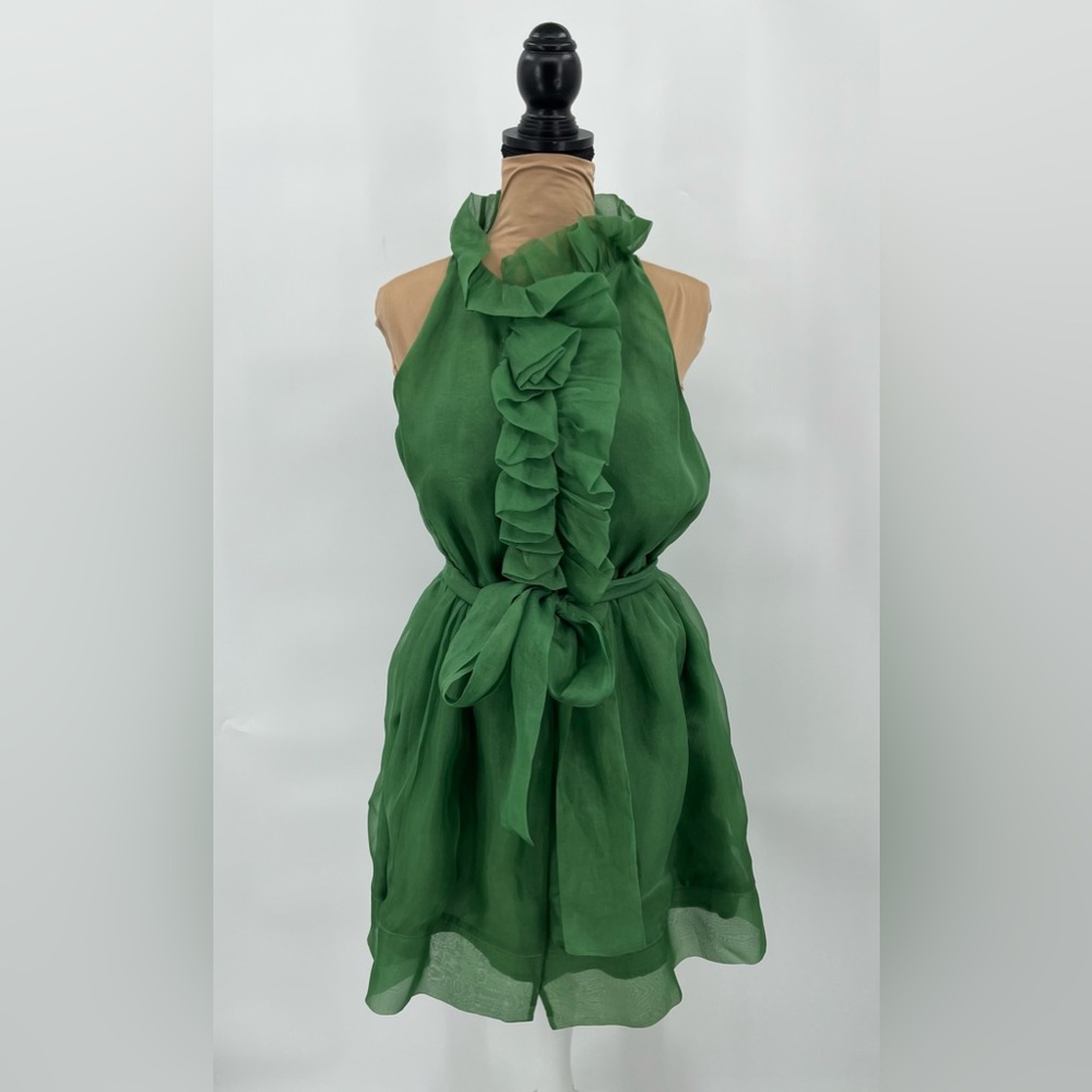 Green silk ruffle halter cocktail dress 10 holiday festive Christmas elegant